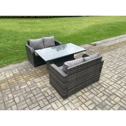 Fimous Outdoor Rattan Furniture Garden Dining Set Height Adjustable Rising lifting Table With Love Sofa Dark Grey Mixed