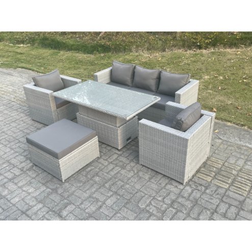 Fimous Rattan Garden Funiture Set Adjustable Rising Lifting Table Sofa Dining Set With 2 Arm Chair Big Footstool