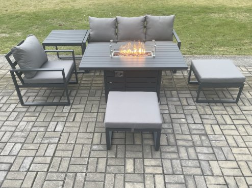 Fimous Aluminium 6 Pieces Garden Furniture Sofa Set with Cushions Gas Fire Pit Dining Table Set with 2 Big Footstools Side Table Dark Grey