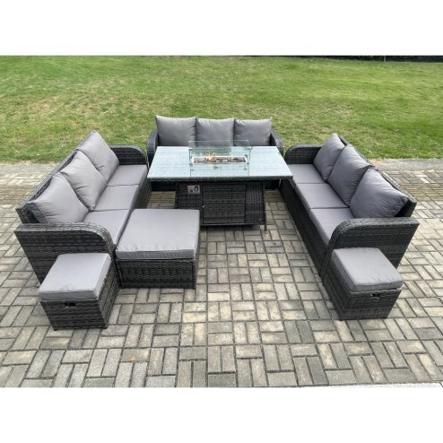 Fimous Outdoor Rattan Furniture Garden Dining Set Gas Fire Pit Table With Lounge Sofa 3 Footstool