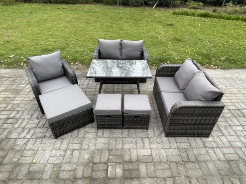 Fimous 8 Seater Outdoor Garden Dining Sets Rattan Furniture With Dining Table Armchairs Love Sofa 3 Footstools Dark Grey Mixed