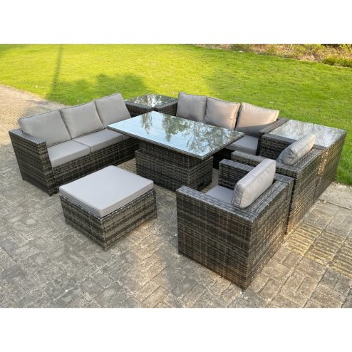 Fimous 9 Seater?Outdoor Rattan Garden Furniture Adjustable Rising Lifting Table With 2 Side Coffee Tables Chairs Footstool