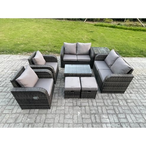 Fimous 8 Seater Rattan Garden Furniture Set Patio Outdoor Lounge Sofa Set with Rectangular Coffee Table 2 Small Footstools Love Sofa Side Table Dark Grey Mixed