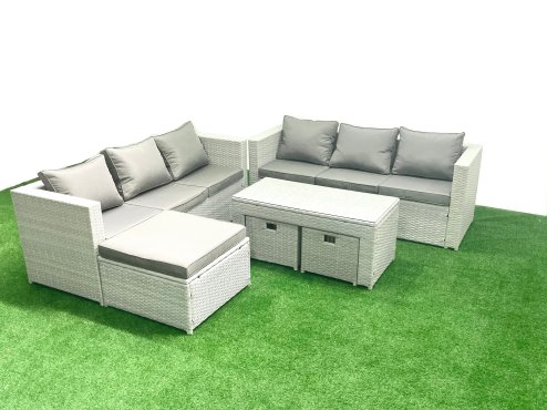 Fimous 9 Seater Garden Outdoor Rattan Furniture Set Rattan Garden Sofa Oblong Coffee Table with 3 Footstools Light Grey Mixed Image