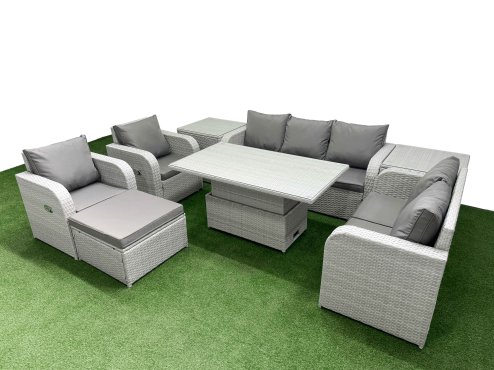 Fimous PE Rattan Garden Furniture Set Reclining Chair Sofa Double Love Seat 2 Seater Sofa Lounge Set Adjustable Lifting Dining or Coffee Table Big Footstool 2 Side Table Light Grey