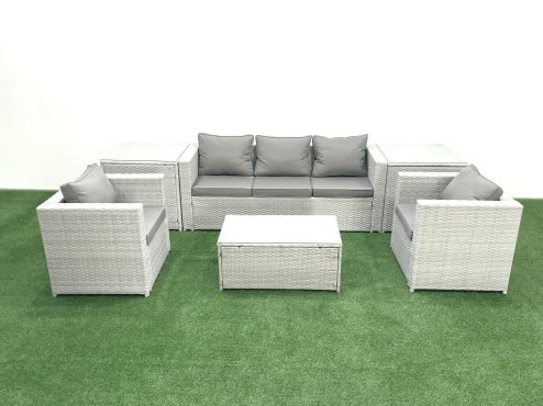 Fimous Rattan Garden Furniture Set with 3 Seater Sofa 2 Chair Rectangular Coffee Table 2 Side Tables Light Grey Mixed 5 Seater