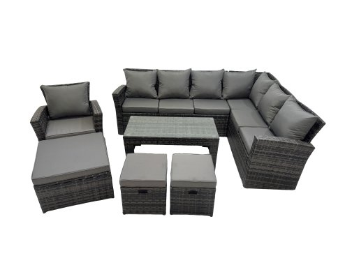 Fimous Rattan Garden Furniture Set 7 Pieces Outdoor Garden Sofa Oblong Coffee Table Set with Chair 3 Footstools Dark Grey Mixed