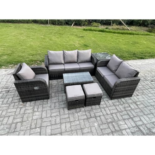 Fimous Patio Garden Furniture Sets Wicker 8 Seater Outdoor Rattan Furniture Sofa Sets with Rectangular Coffee Table Reclining Chair 3 Seater Sofa Side Table