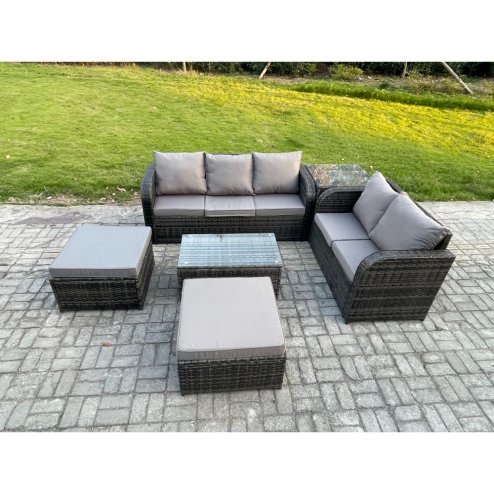 Fimous Wicker PE Rattan Garden Furniture Set 7 Seater Outdoor Lounge Sofa Set with Love Sofa Coffee Table 2 Big Footstool Side Table Dark Grey Mixed