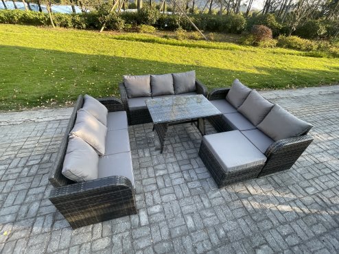 Fimous 10 Seater Wicker Rattan Garden Furniture Set with Rectangular Dining Table Big Footstool Patio Outdoor Lounge Sofa Set