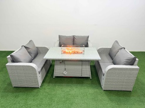 Fimous 6 Seater PE Wicker Rattan Furniture Sofa Sets with Firepit Dining Table 2 Seater Love Sofa Light Grey