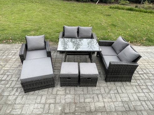 Fimous 8 Seater Garden Dining Set Wicker PE Rattan Outdoor Furniture Sofa with Rectangular Dining Table Double Seat Sofa Dark Grey Mixed