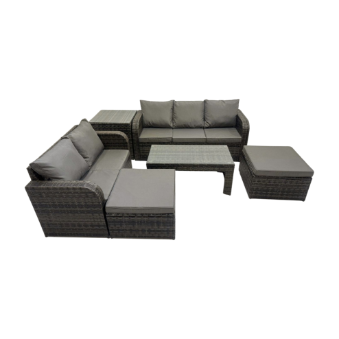 Fimous Rattan Garden Outdoor Furniture Set 3 Seater Sofa Love Sofa Coffee Table with 2 Big Footstools Side Table Dark Grey Mixed