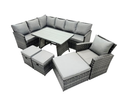Fimous 10 Seat Poly Rattan Outdoor Patio Oblong Dining Table Corner Sofa Set with 3 Stool Chair for Garden Backyard Dark Grey Mixed