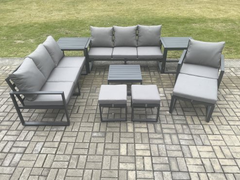Fimous Aluminium Outdoor Lounge Sofa Set Garden Furniture Sets with Square Coffee Table Chair 3 Footstools 2 Side Tables Dark Grey