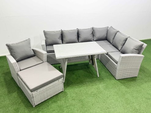 Fimous 8 Seater Garden Outdoor Rattan Furniture Set Rattan Corner Sofa Oblong Dining Table with Armchair Big Footstool Light Grey Mixed