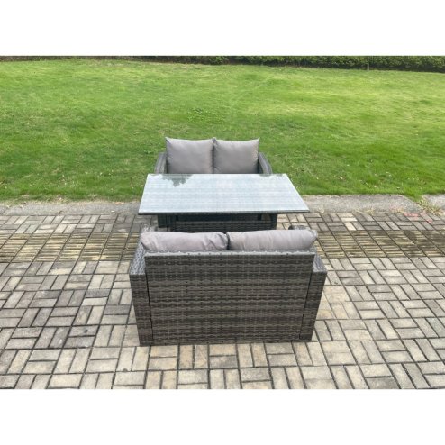Fimous Patio Rattan Garden Furniture Set with Oblong Rectangular Dining Table 4 Seater Outdoor Loveseat Sofa Set Dark Grey Mixed