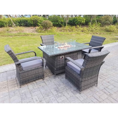 Fimous Rattan Garden Furniture Gas Fire Pit Rectangle Dining Table Gas Heater And Dining Chairs 4 Seater