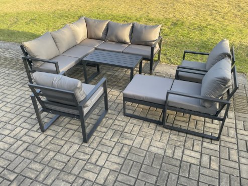 Fimous 9 Seater Aluminium Outdoor Garden Furniture Set Patio Lounge Sofa with Oblong Coffee Table Chair Big Footstool Dark Grey