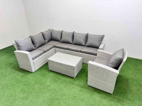 Fimous 7 Seater Garden Outdoor PE Rattan Furniture Set Rattan Garden Sofa Set with Big Footstool Light Grey Mixed