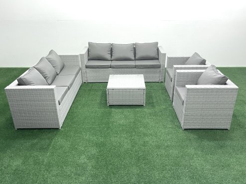 Fimous Outdoor Rattan Sofa Garden Furniture Set with 2 Armchairs Square Coffee Table Light Grey Mixed