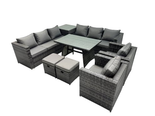 Fimous Outdoor Corner Sofa Chair Dining Table Set Garden Rattan Furniture Set 10 Seater with 2 Small Stool Side Table Dark Grey