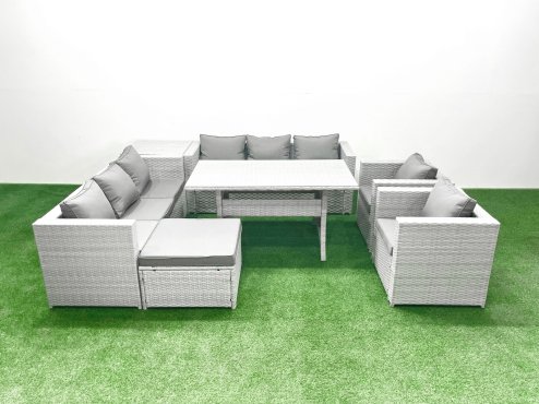 Fimous Rattan Garden Furniture Set Outdoor 8 Seater Patio Dinin g Sofa Sets with Dining Table 2 Chairs Side Table Big Footstool Light Grey Mixed