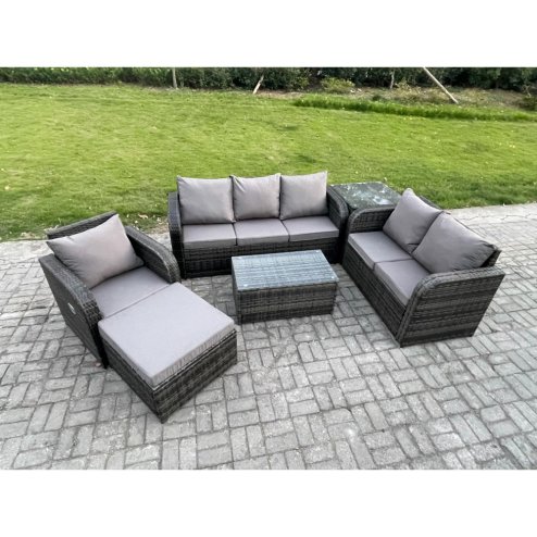 Fimous Patio Garden Furniture Sets Wicker 7 Seater Outdoor Rattan Furniture Sofa Sets with Rectangular Coffee Table Reclining Chair 3 Seater Sofa Big Footstool Side Table