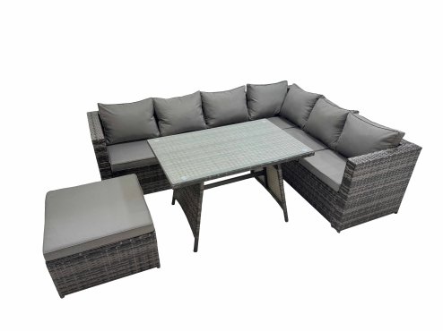 Fimous Rattan garden furniture Patio Furniture Sets with Dining Table Big Stool Dark Grey Mixed
