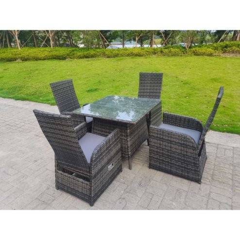 Fimous Dark Grey Mixed Outdoor PE Wicker Rattan Garden Furniture Reclining Chair And Table Dining Sets 4 Seater Square Tempered Glass Table