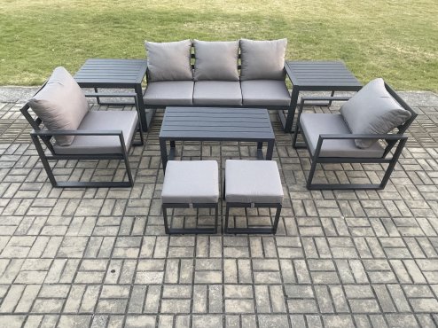 Fimous Aluminium Patio Outdoor Furniture Set 8 Pcs Garden Sofa with Oblong Coffee Table 2 Small Footstools 2 Armchairs 2 Side Tables Dark Grey