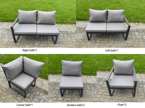 Fimous 10 Piece L-shaped Garden Furniture Set 11-Seater Aluminium Outdoor Dining Set with Adjustable Rising Lifting Dining Table 2 Chairs 2 Small Footstools Dark Grey