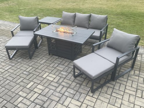 Fimous Aluminium Patio Outdoor Garden Furniture Lounge Sofa Set Gas Fire Pit Dining Table with Side Table 2 Big Footstools Dark Grey