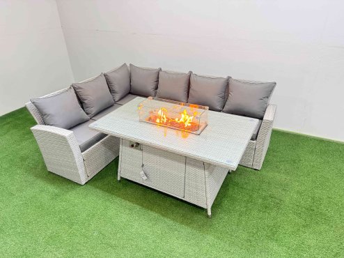 Fimous 6 Seat Rattan Garden Furniture Corner Sofa Set Outdoor Gas Fire Pit Table Sets Light Grey