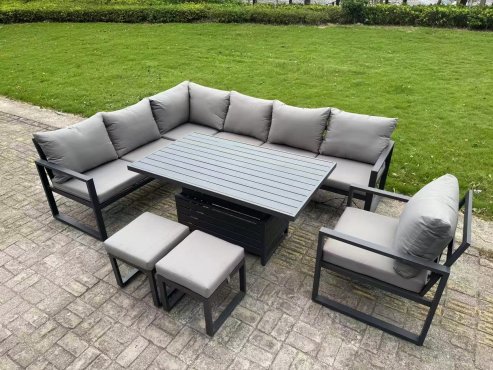 Fimous 6 Pieces Aluminium Garden Furniture Sets with Adjustable Rising Lifting Dining Table 7 Seater Corner Sofa Set Dark Grey