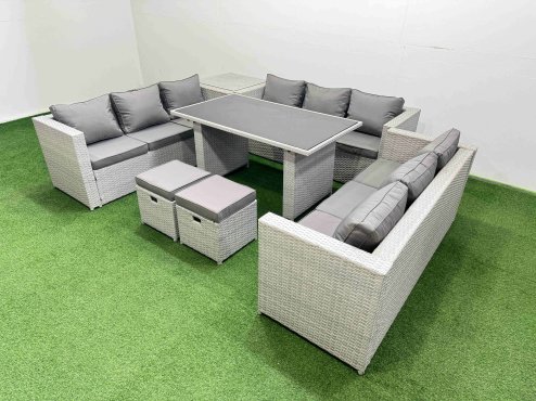 Fimous Patio Outdoor Garden Furniture Sets with Black Glass Top Dining Table 3 Seater Sofa Side Table 2 Small Stool Light Grey
