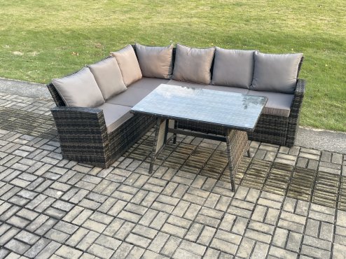 Fimous Outdoor Furniture Garden Dining Set Rattan Corner Sofa Set Rectangular Dining Table Dark Grey Mixed