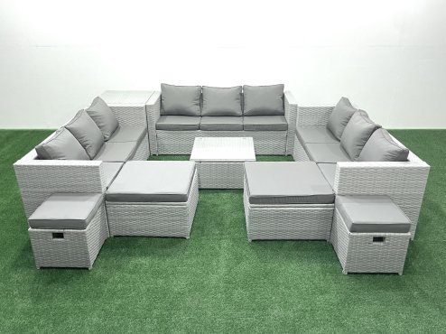 Fimous Garden Outdoor Furniture Set 14 Seater Rattan Sofa Set with Side Table 4 Footstools Light Grey Mixed