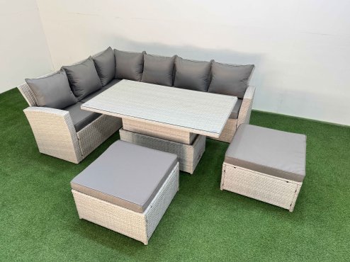 Fimous 8 Seat Rattan Outdoor Garden Furniture Corner Sofa Set Adjustable Lifting Dining or Coffee Table Set with Armchair 2 Big Footstools Light Grey