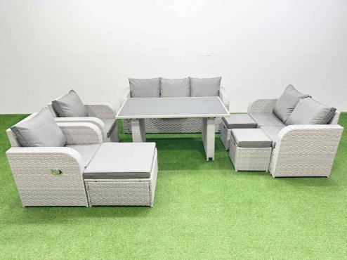Fimous 10 Seater Garden Furniture Set PE Ratten Garden Sofa Set with Rectangular Dining Table 3 Stool Light Grey