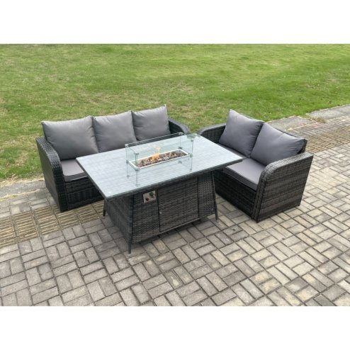 Fimous Rattan Garden Furniture Set with Gas Fire Pit Table 3 Pieces Outdoor Lounge Sofa Set Dark Grey Mixed