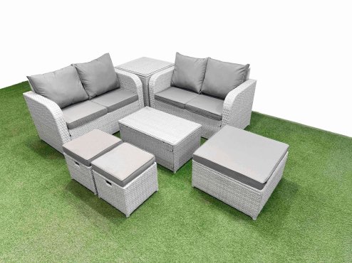 Fimous 7 Seater Outdoor Love Sofa Set Rattan Garden Furniture Set with Rectangular Coffee Table 3 Footstool Side Table Light Grey