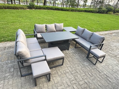 Fimous Aluminum Outdoor Patio Furniture Set Modern Patio Conversation Sets with Adjustable Rising Lifting Dining Table 3 Footstools Dark Grey