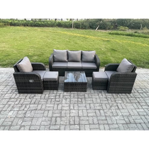 Fimous Garden Furniture Sets Wicker Rattan Furniture Patio Sofa Sets with Reclining Chair 3 Seater Sofa 2 Small Footstools Dark Grey Mixed