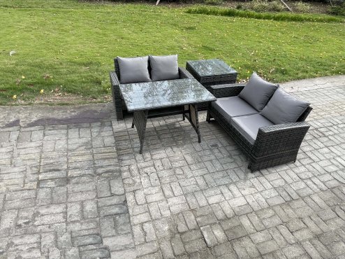 Fimous Garden Furniture Sets 4 Pieces Wicker Rattan Furniture Manual Wicker Patio Sofa Patio Conversation Set with Side Table Dark Grey Mixed