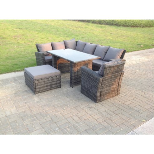 Fimous 8 Seater High Back Rattan Garden Furniture Set Corner Sofa With Black Tempered Dining Table Footstool With Arm Chair