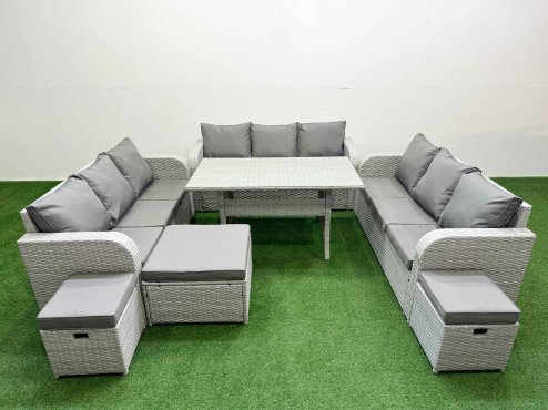 Fimous PE Rattan Lounge Sofa Set 12 Seater Outdoor Garden Furniture Set with Rectangular Dining Table 3 Seater Sofa 3 Stools Light Grey