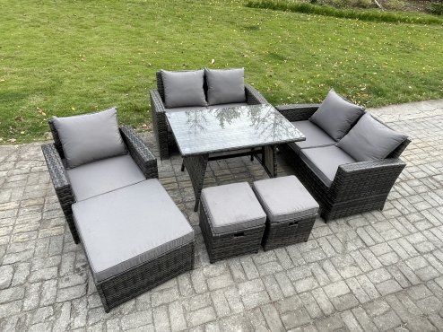 Fimous 8 Seater Garden Dining Set Wicker PE Rattan Outdoor Furniture Sofa with Rectangular Dining Table Double Seat Sofa Dark Grey Mixed