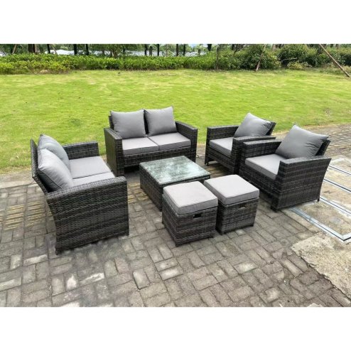 Fimous 8 Seater Dark Grey Mixed High Back Rattan Sofa Set Square Coffee Table Garden Furniture 2 Seater Sofa Chairs Outdoor Patio Stools