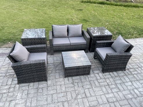Fimous Outdoor Lounge Sofa Set Wicker PE Rattan Garden Furniture Set with Armchair Square Coffee Table Double Seat Sofa 2 Side Tables Dark Grey Mixed